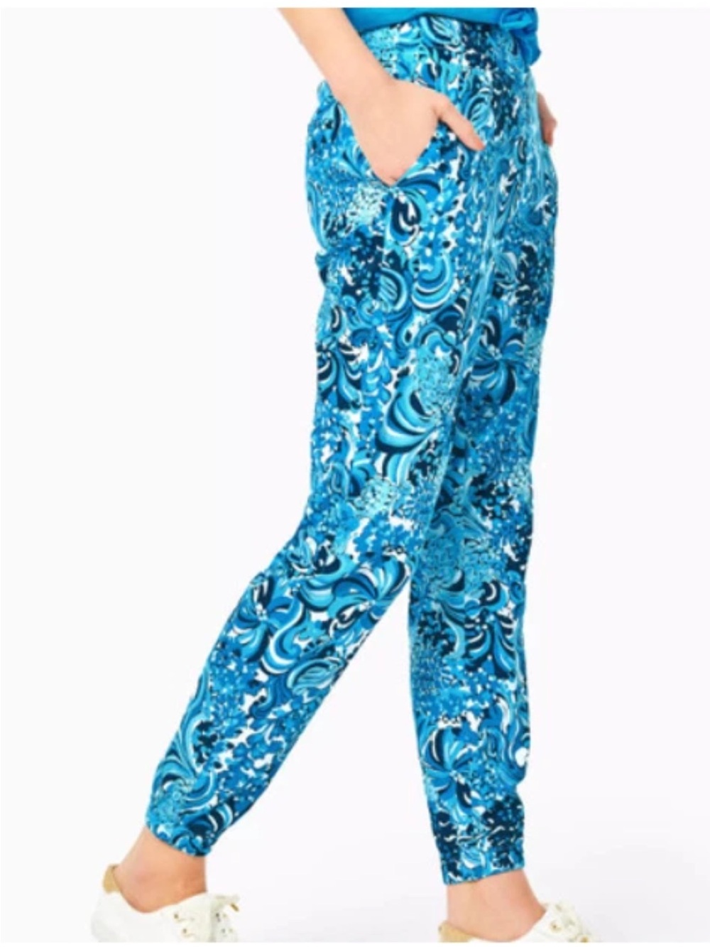 Lilly Pulitzer Rici stretch Resort white Mermazing Blue Floral M pockets pants - Picture 2 of 13